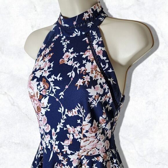 B Darlin Mock Neckline Fit & Flare Pleated Floral Navy & Cream & Pink Dress - Picture 4 of 8